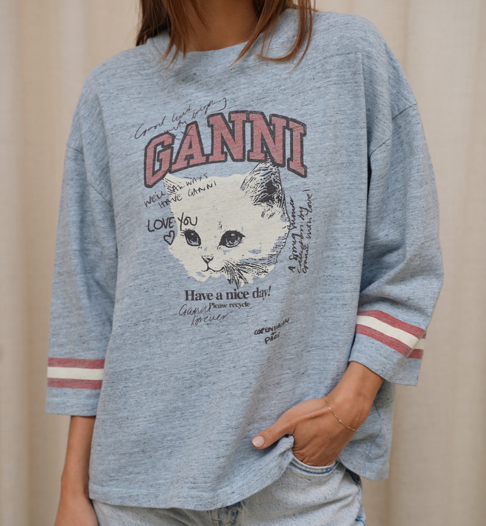 GANNI Overdyed Cotton Melange 3/4 Sleeve Top Clothing Anna Nina